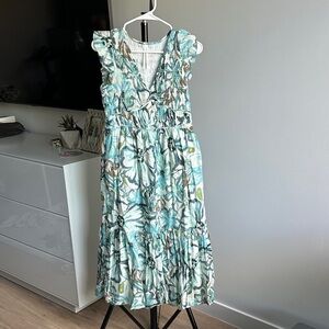Anthropologie Blue Green Floral Tiered Maxi Dress Size Small